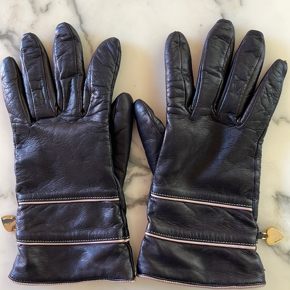 Moschino cashmere-lined brown gloves with peachy-pink trim